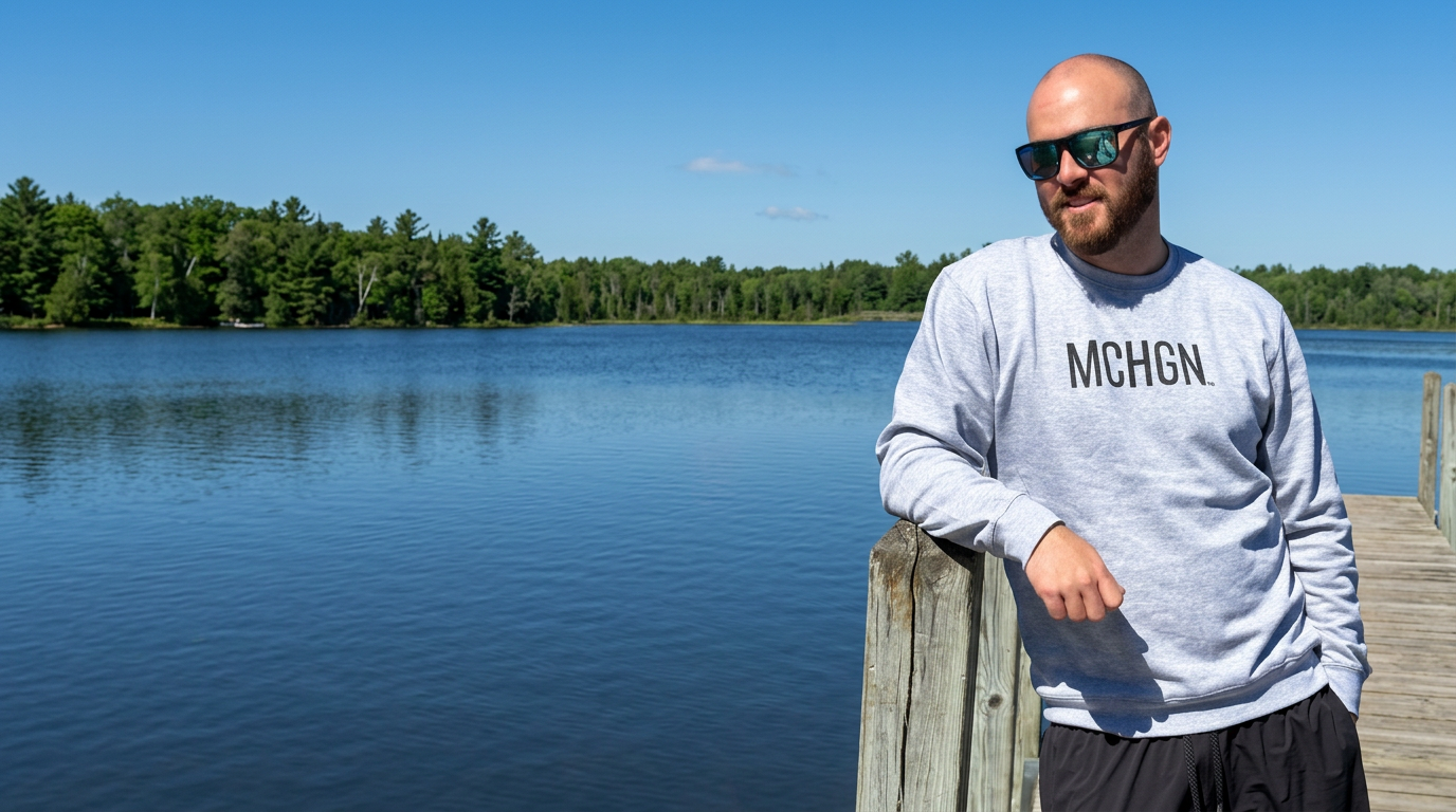 Man in a grey MCHGN crewneck on a wooden dock above a calm Northern Michigan lake
