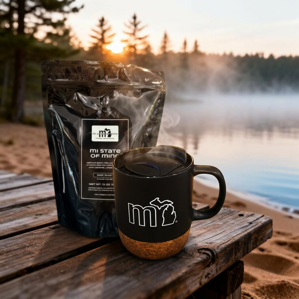 mi State of Mind dark roast coffee bag and black 'mi' desk mug on a weathered dock at a misty Up North Michigan lake sunrise